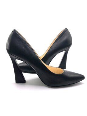 Nine West Black Leather Pointed Toe Sculptural Heel Pumps 7.5M